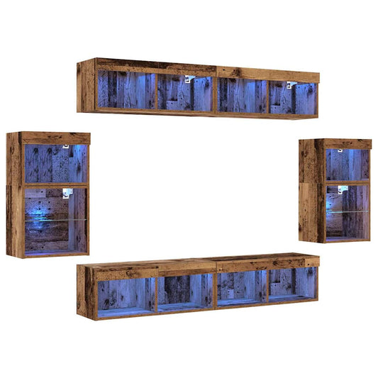 TV-Schrankset mit LED-Lichtleisten 8 pcs Altholz Holzwerkstoff