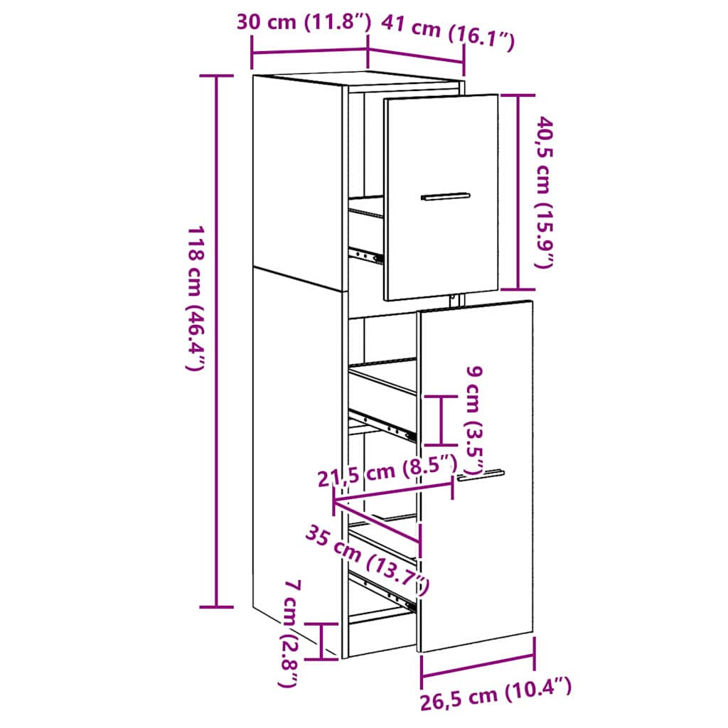 Apothekerschrank Schwarze Eiche 30 x 41 x 118 cm Holzwerkstoff