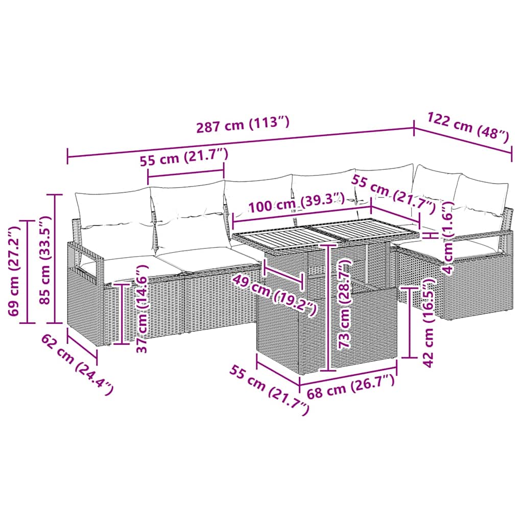 Garten Essgruppe mit Kissen mit Kissen 7 pcs Beige und Creme