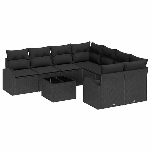 Sofa Set mit Kissen mit Speicher 9 pcs Schwarz Poly-Rattan