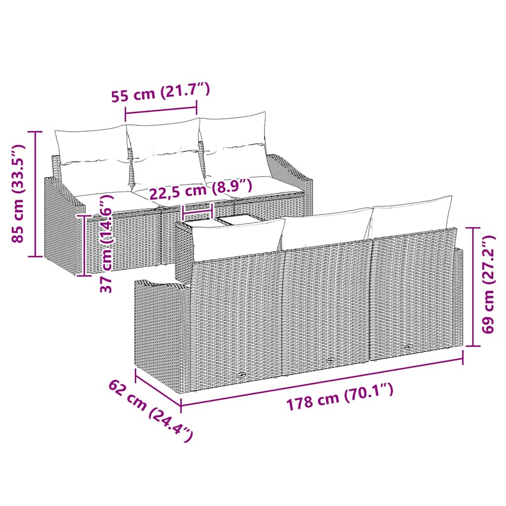 Sofa Set mit Kissen mit Speicher 7 pcs Schwarz Poly-Rattan