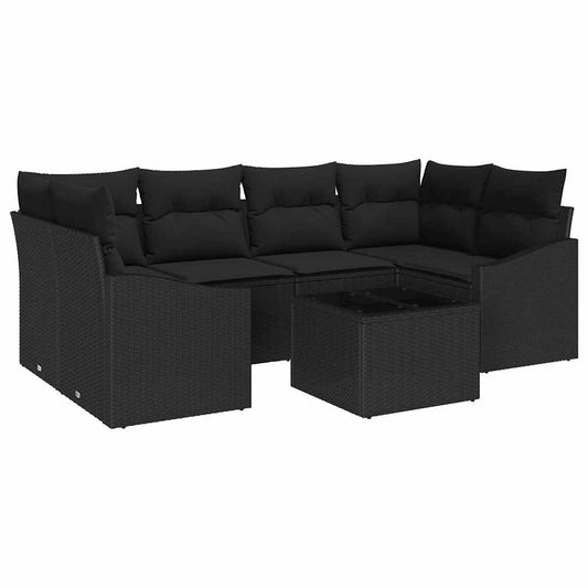 Sofa Set mit Kissen mit Speicher 7 pcs Schwarz Poly-Rattan