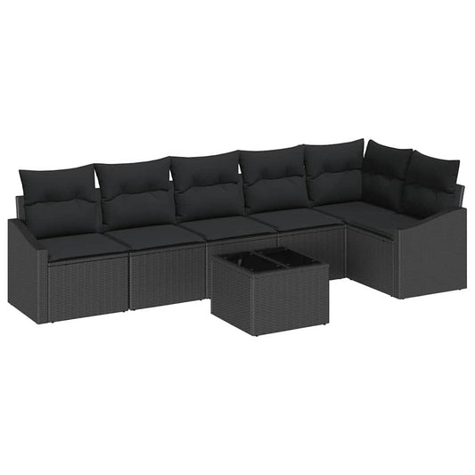 Sofa Set mit Kissen mit Speicher 7 pcs Schwarz Poly-Rattan