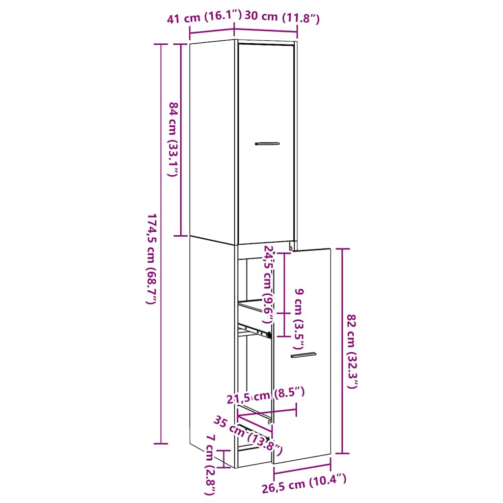Apothekerschrank Schwarz Eichen-Optik 30 x 41 x 174.5 cm