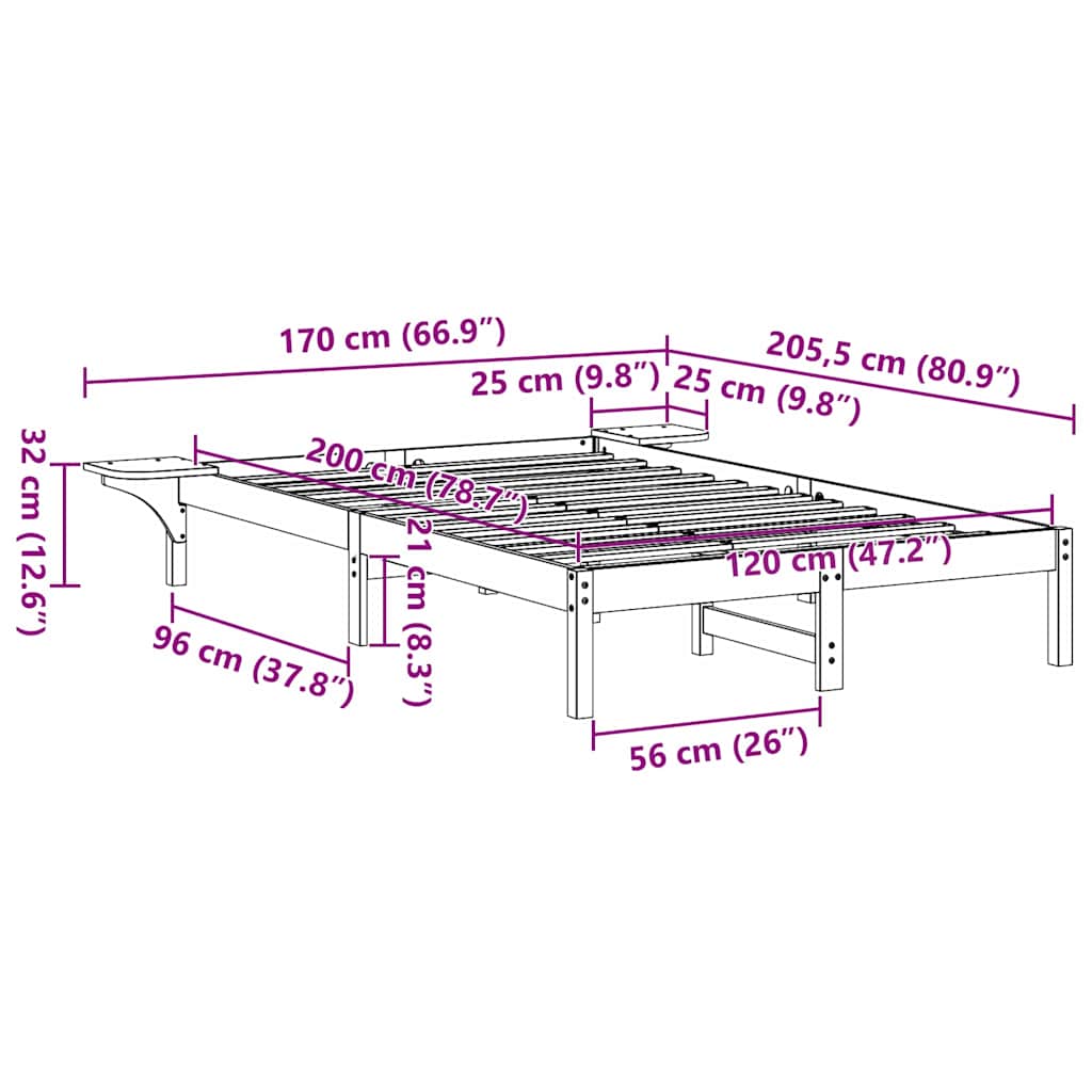Bettrahmen Natur 120 x 200 cm Massives Kiefernholz