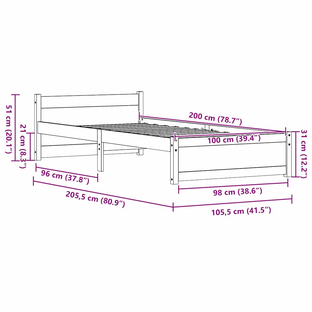 Bettrahmen Wachsbraun 205.5 x 95.5 x 51 cm Massives Kiefernholz
