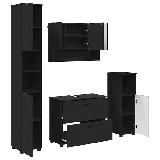Badezimmermöbel-Set mit Tür 4 pcs Schwarz Sperrholz und Metall
