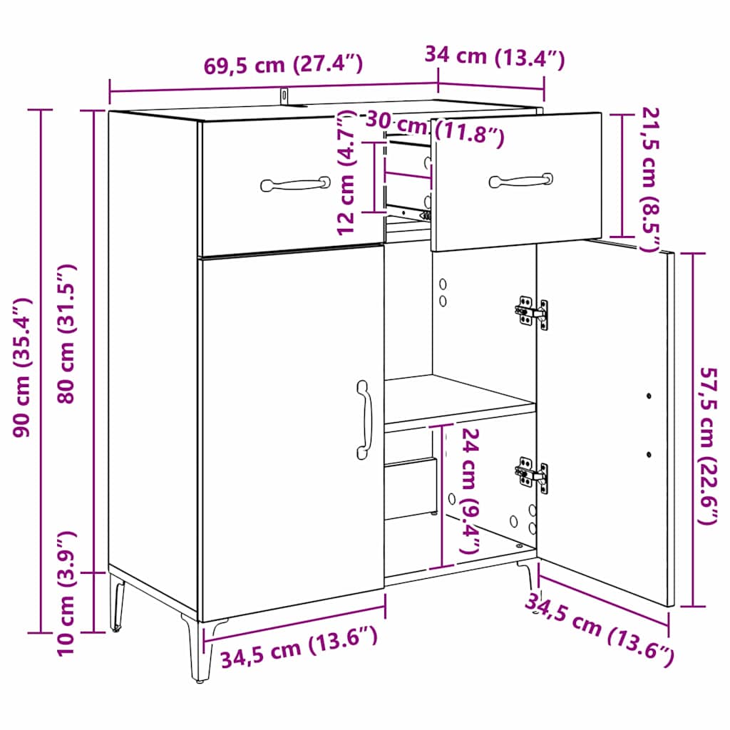 Sideboard Artisan-Eiche 34 x 69.5 x 90 cm Holzwerkstoff