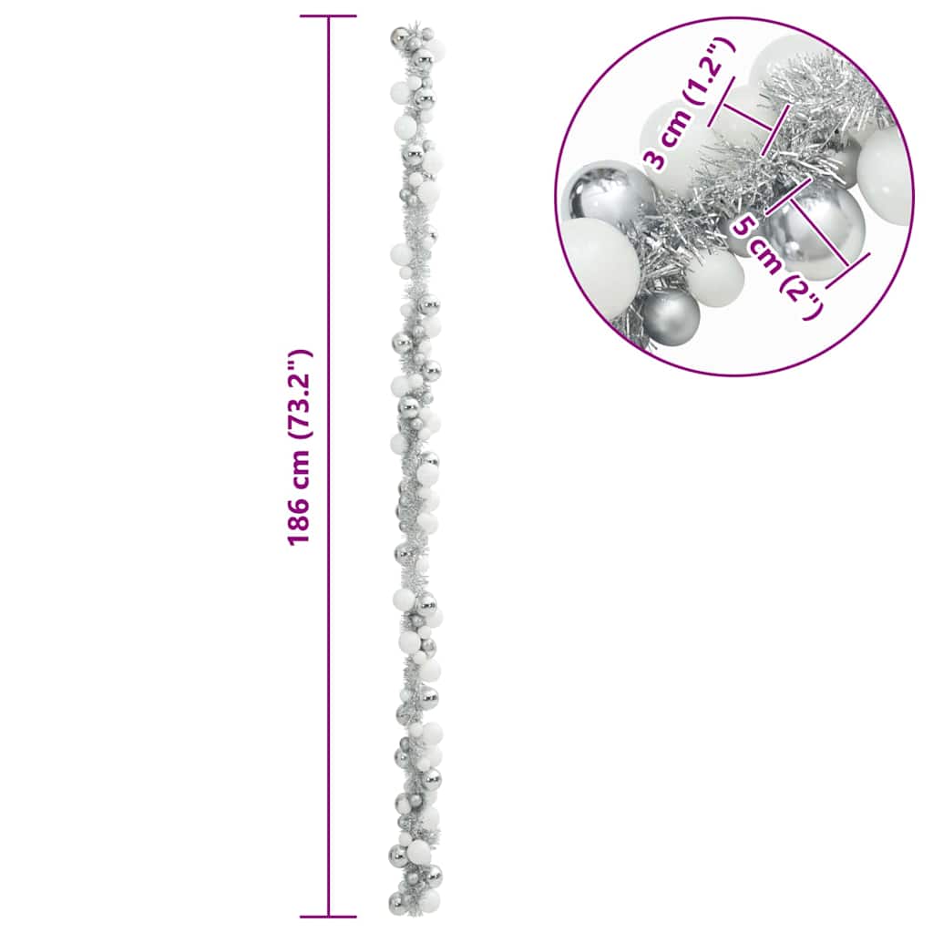 Weihnachtskugelgirlande Weiß und Silber 186 cm Polystyrol