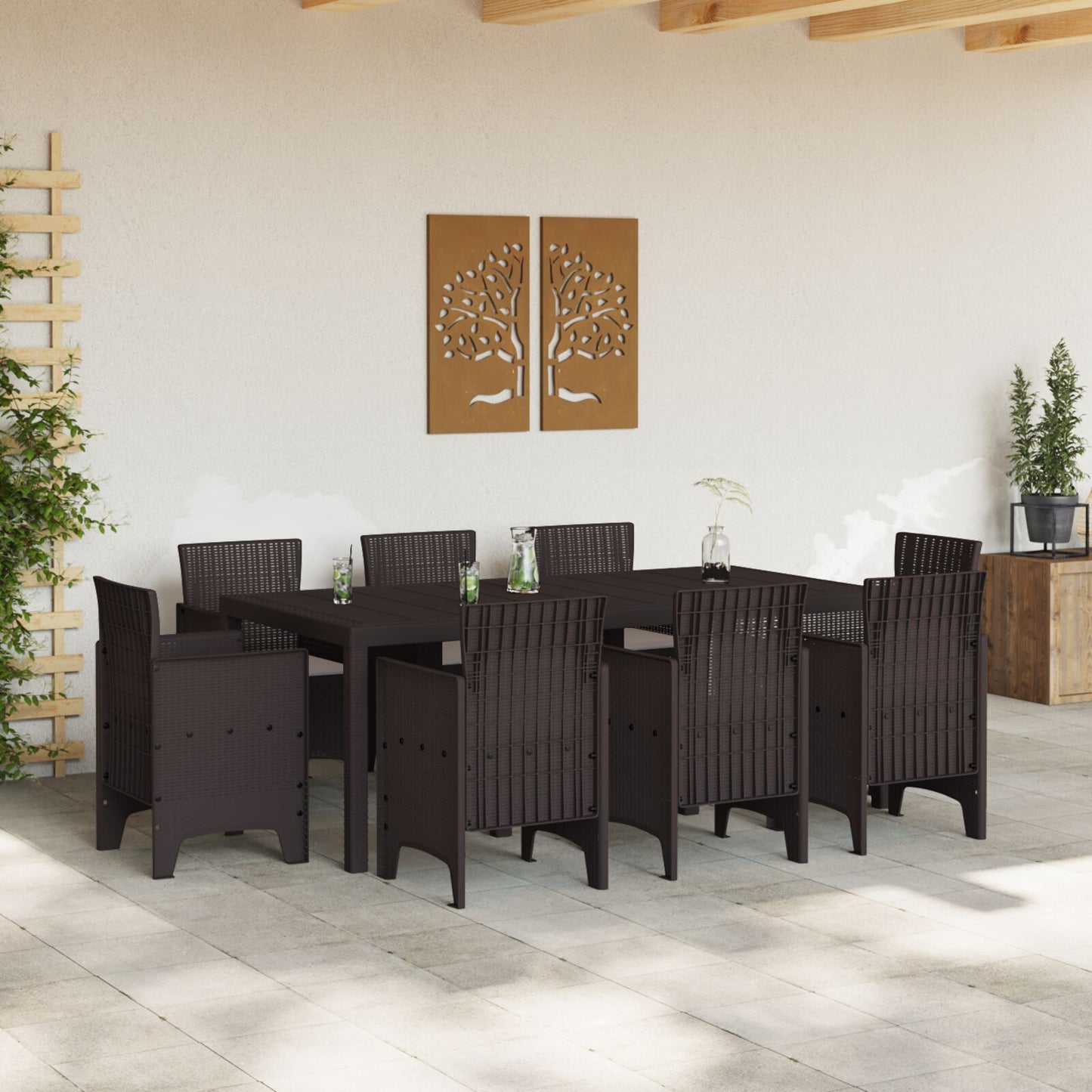 9-teiliges Garten Essgruppe mit Auflagen Braun Poly Rattan