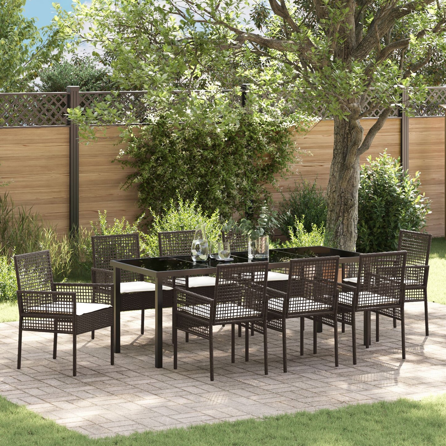 9-teilige Garten-Essgruppe mit Kissen Braunes Polyrattan