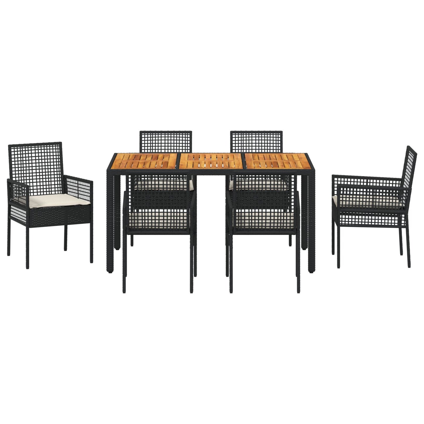 7-teilige Essgruppe für den Garten mit Kissen in Schwarz aus Poly-Rattan