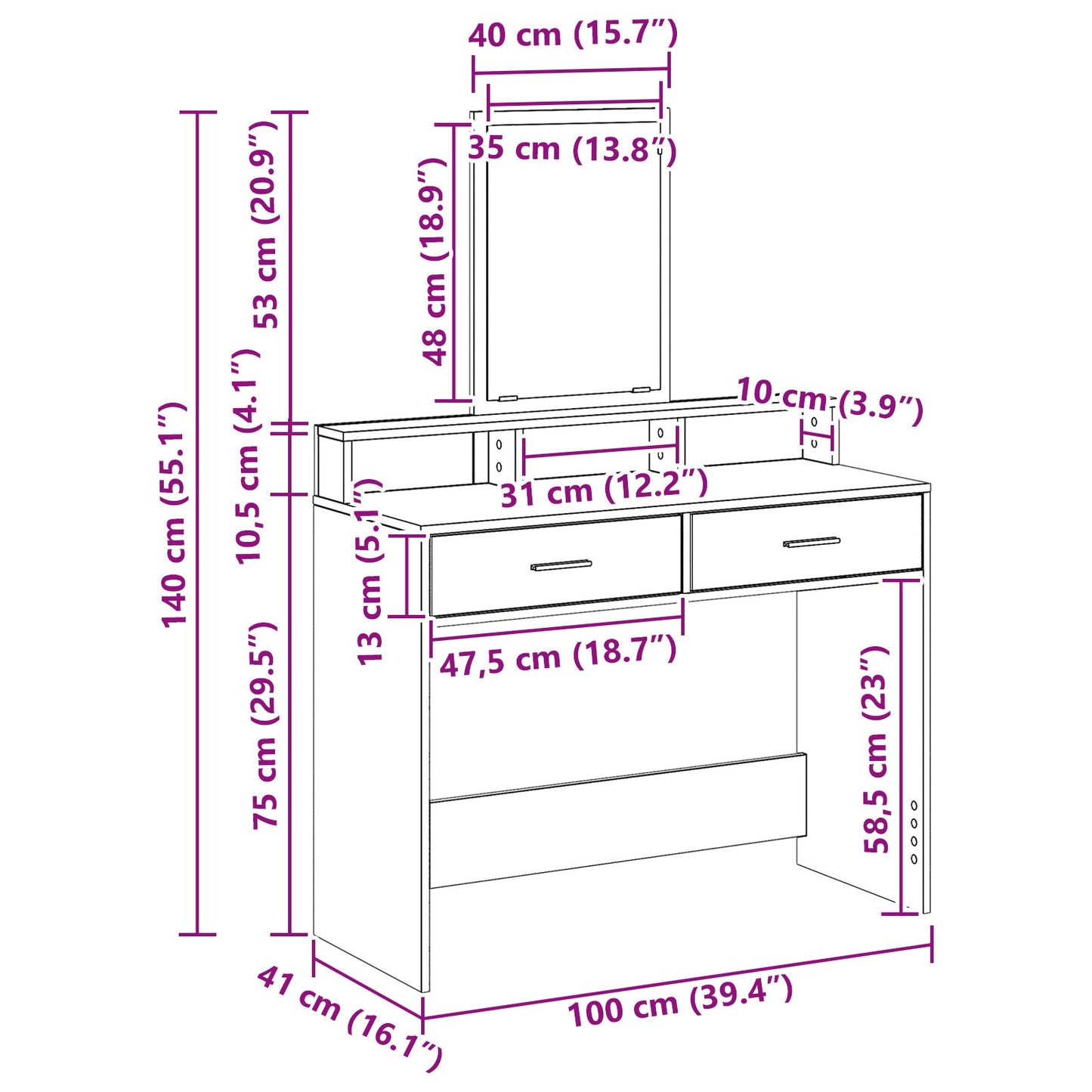 Schminktisch mit Schubladen Braun Eiche 100x41x140 cm