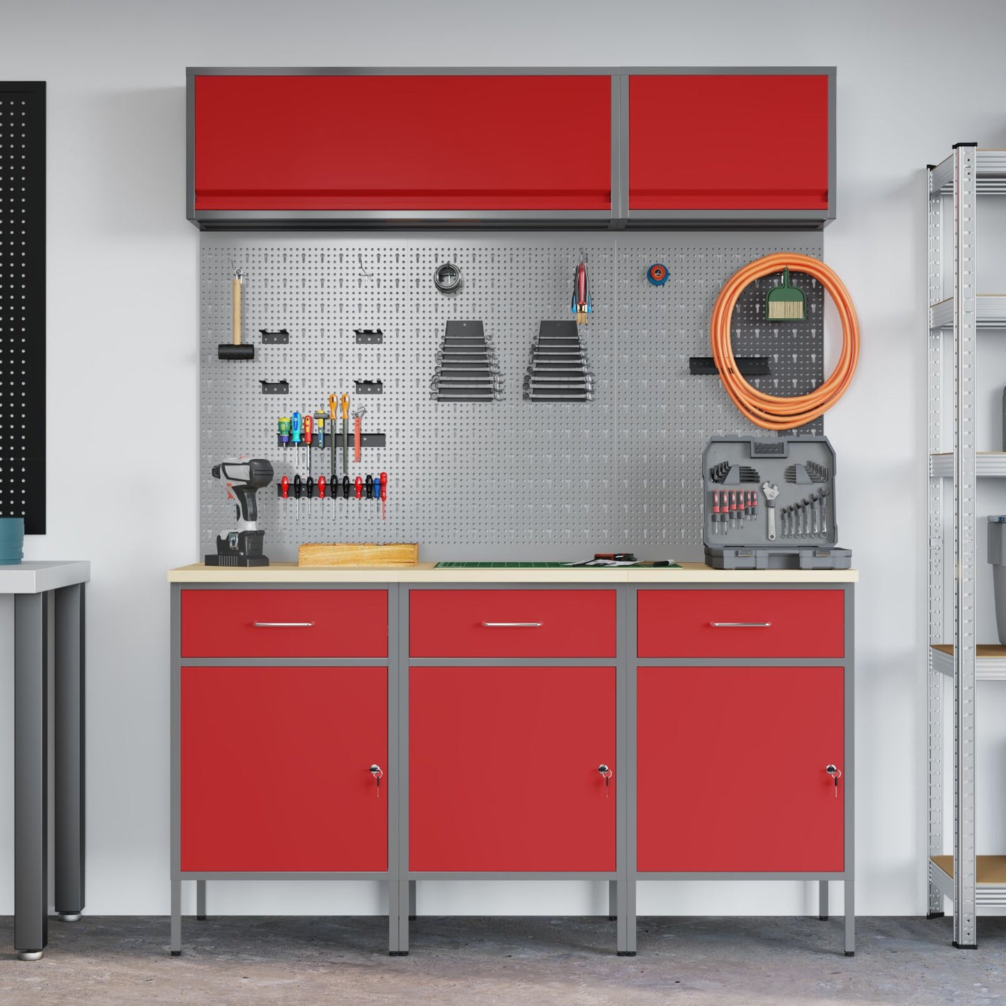 8-teiliges Werkbank-Set aus rotem Stahl