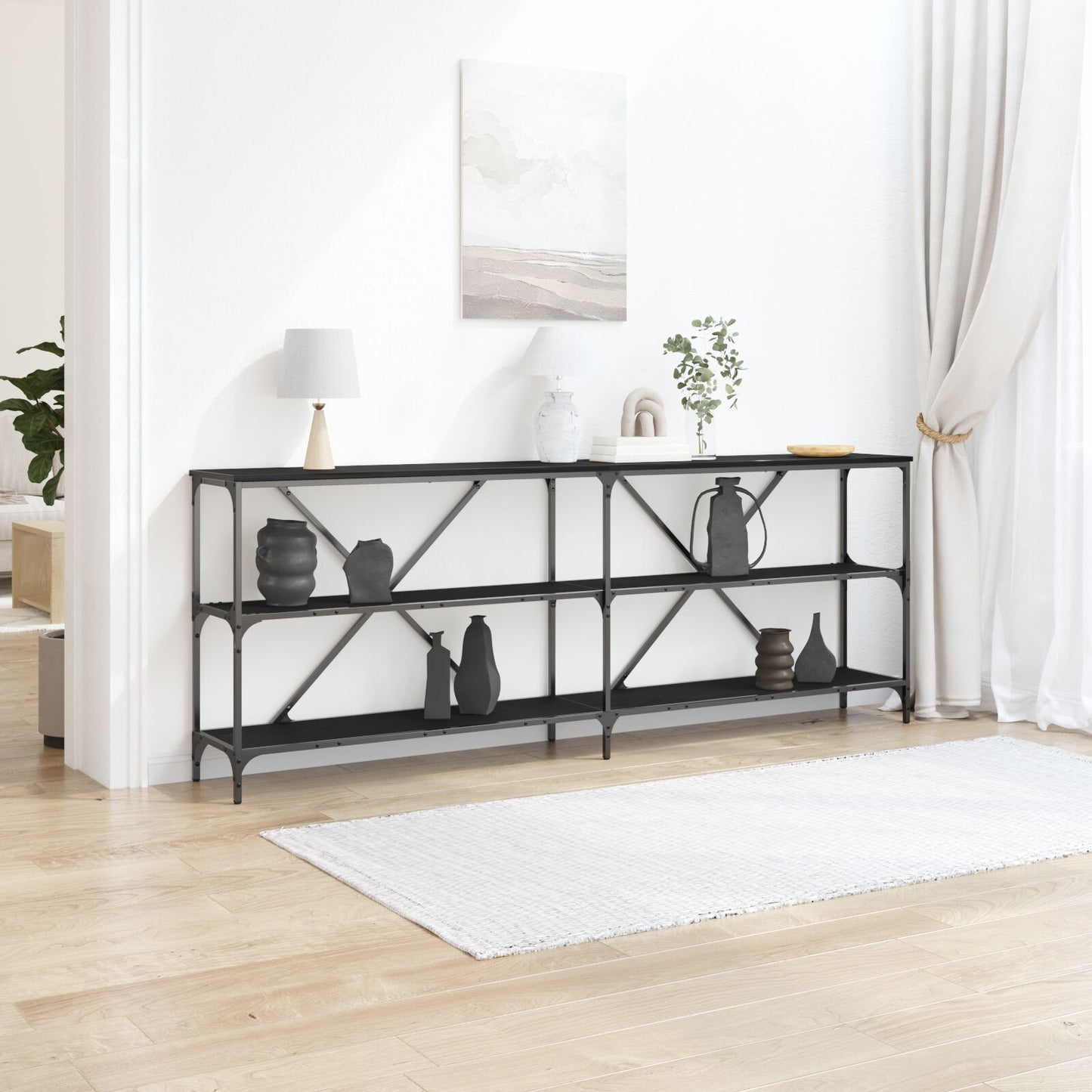 Konsolentisch Schwarz Eiche 200x30x75 cm aus Spanplatte und Stahl