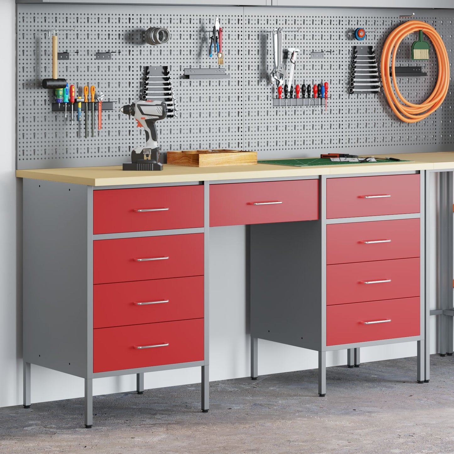 3-teiliges Arbeitskabinen- und Tischset Rot Rigal Holz & Stahl