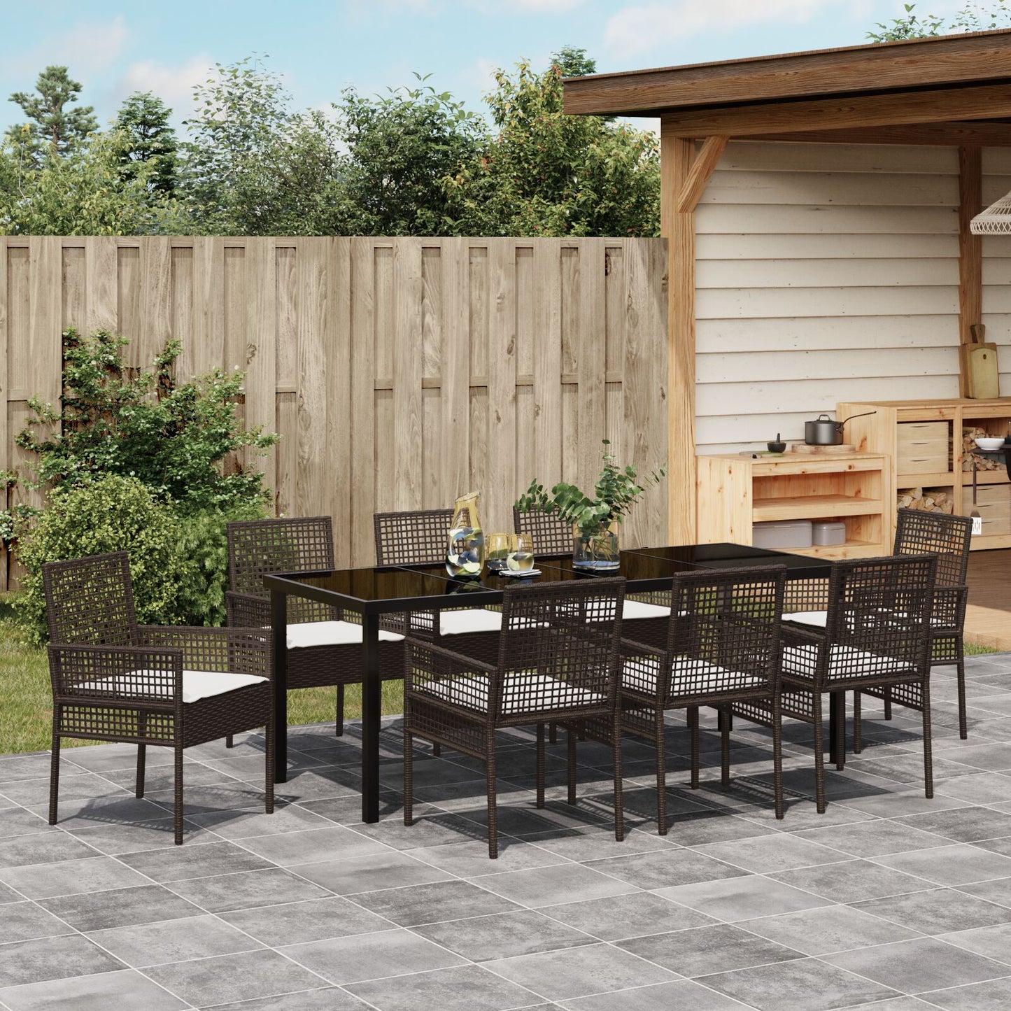 9-teilige Garten-Essgruppe mit Kissen Braunes Polyrattan
