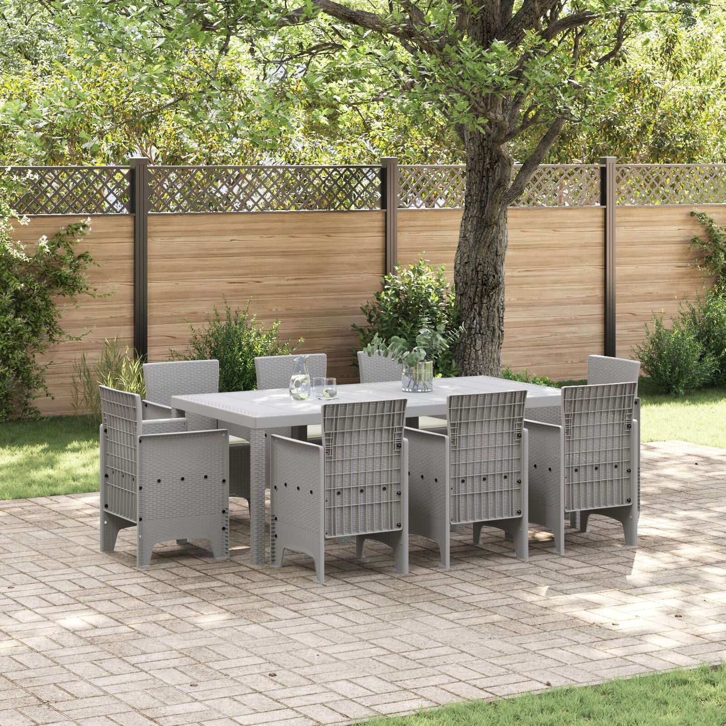 9-teiliges Garten-Essgruppe mit Kissen Hellgrau Poly-Rattan