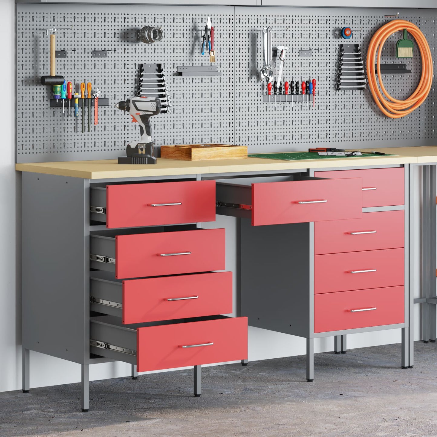 3-teiliges Arbeitskabinen- und Tischset Rot Rigal Holz & Stahl