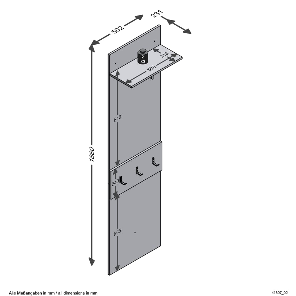 Wandgarderobe mit Ablage 50x23x188 cm Matera & Artisan-Eiche