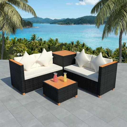 4-tlg. Garten-Lounge-Set mit Auflagen Poly Rattan Schwarz