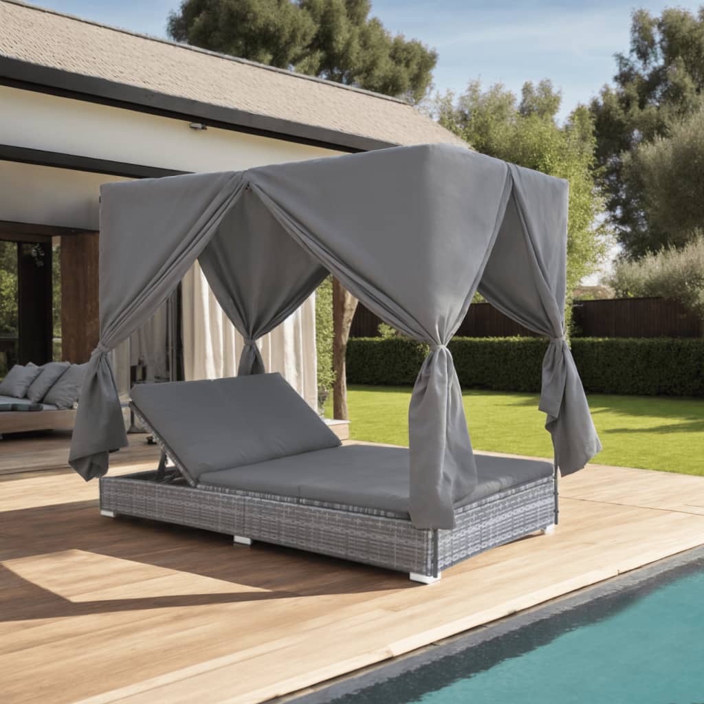 Outdoor-Lounge-Bett mit Vorhängen Poly Rattan Grau