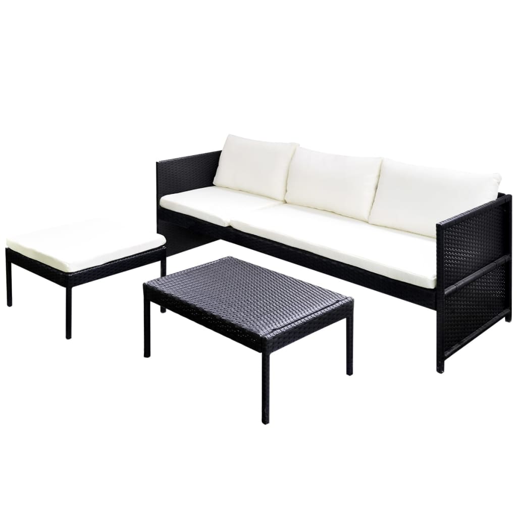 3-tlg. Garten-Lounge-Set mit Kissen Poly-Rattan Schwarz