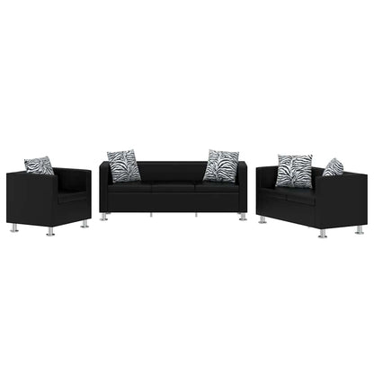 Sofa-Set Kunstleder 3-Sitzer + 2-Sitzer + Sessel Schwarz