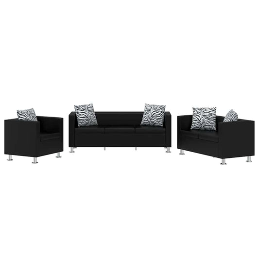 Sofa-Set Kunstleder 3-Sitzer + 2-Sitzer + Sessel Schwarz