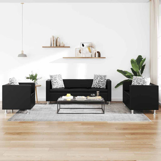 Sofa-Set Kunstleder 3-Sitzer + 2-Sitzer + Sessel Schwarz