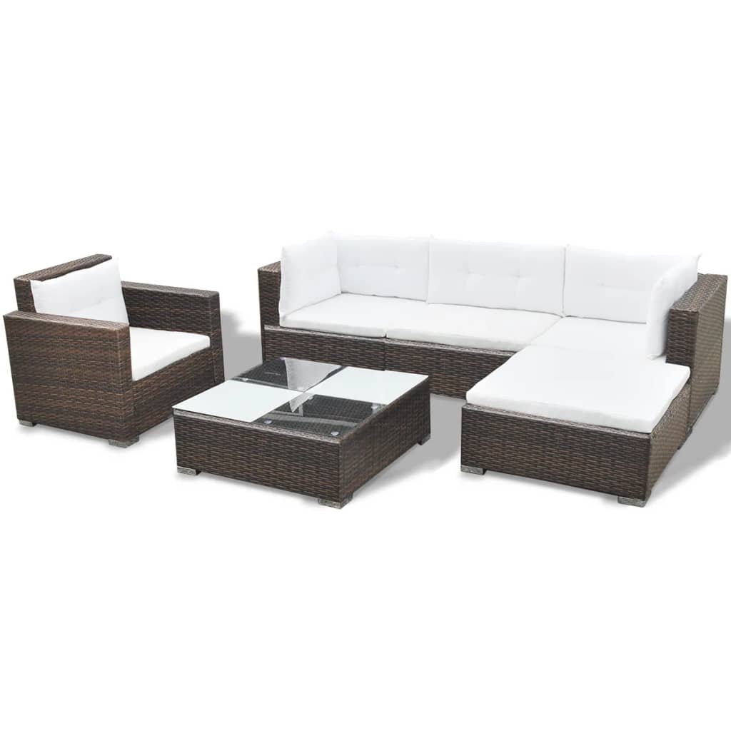 6-tlg. Garten-Lounge-Set mit Auflagen Poly Rattan Braun