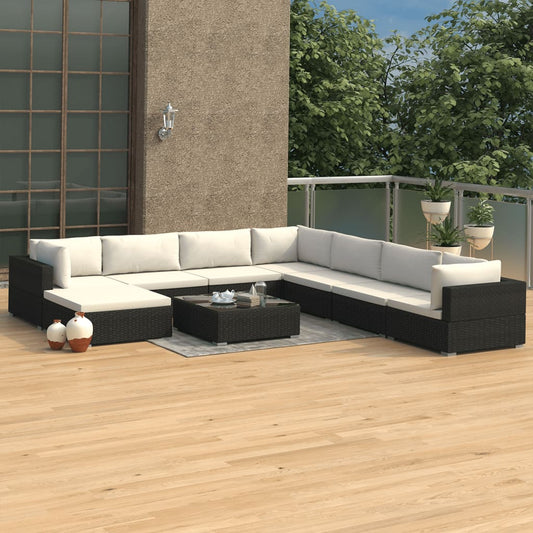 9-tlg. Garten-Lounge-Set mit Auflagen Poly Rattan Schwarz
