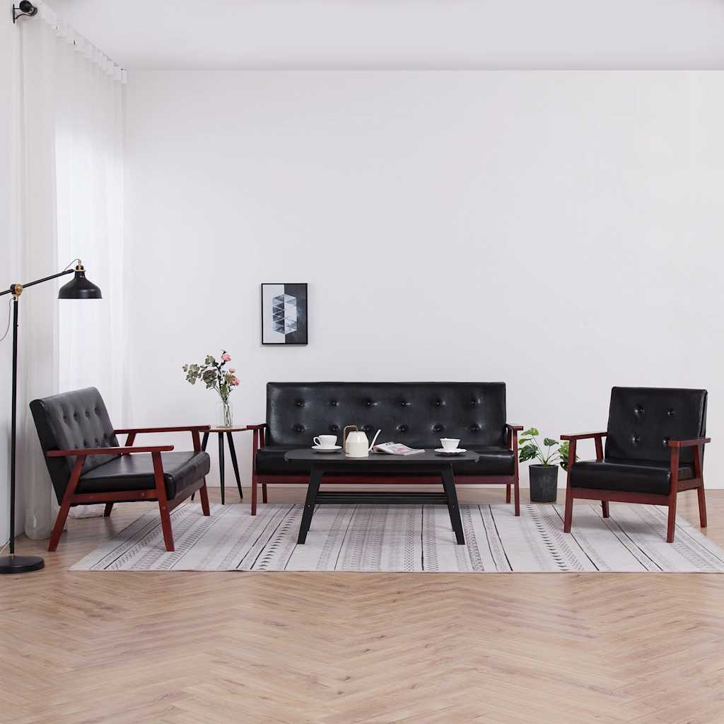 3-tlg. Sofagarnitur Schwarz Kunstleder