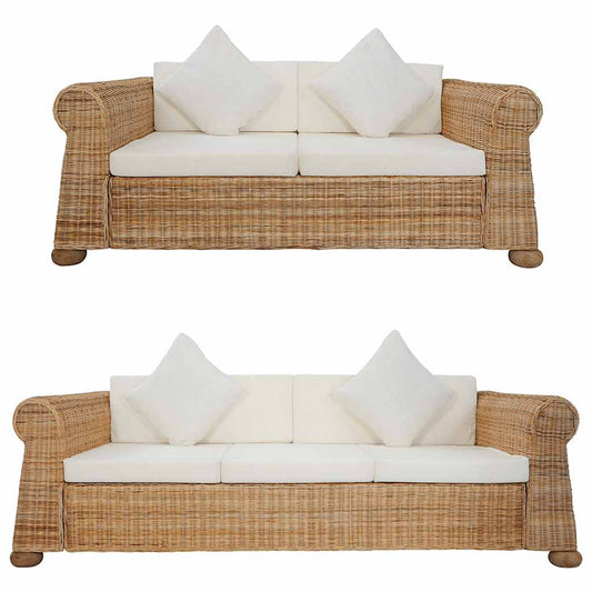 2-tlg. Sofagarnitur mit Kissen Natur Rattan