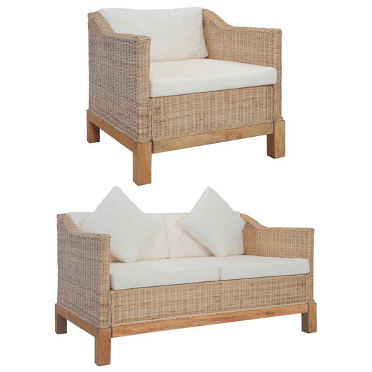2-tlg. Sofagarnitur mit Kissen Natur Rattan