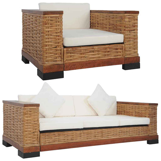 2-tlg. Sofagarnitur mit Auflagen Braun Natur Rattan