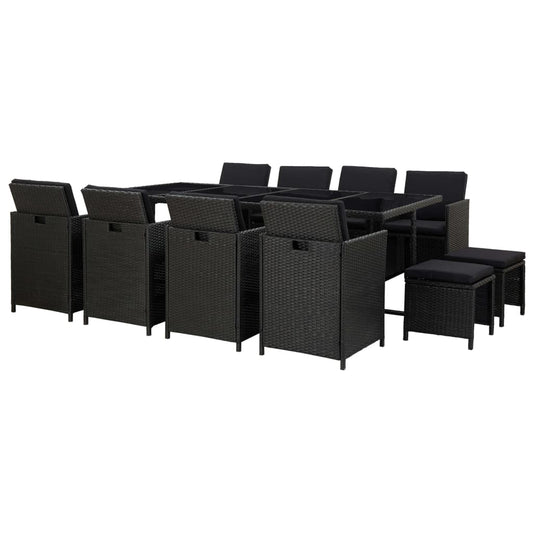 13-tlg. Garten-Essgruppe mit Auflagen Poly Rattan Schwarz