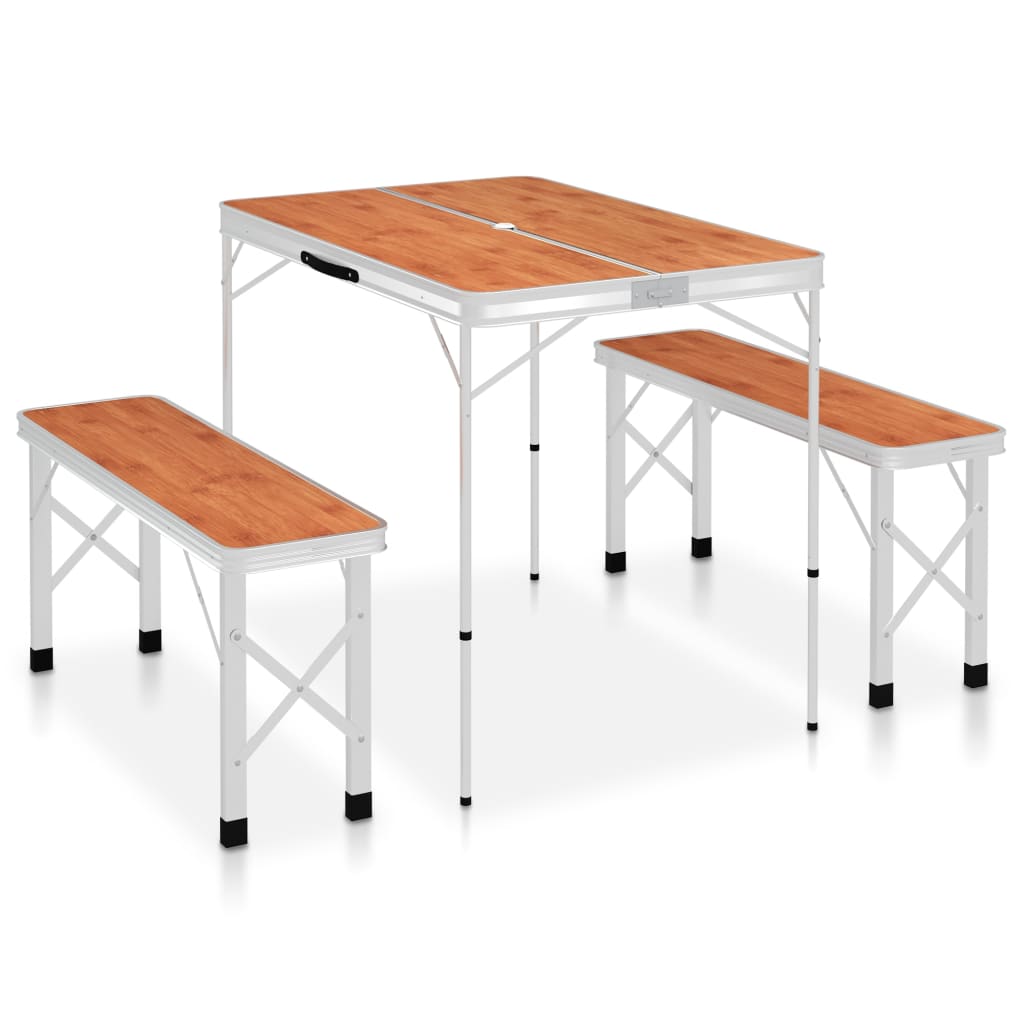 Klappbarer Campingtisch mit 2 Sitzbänken Aluminium Braun