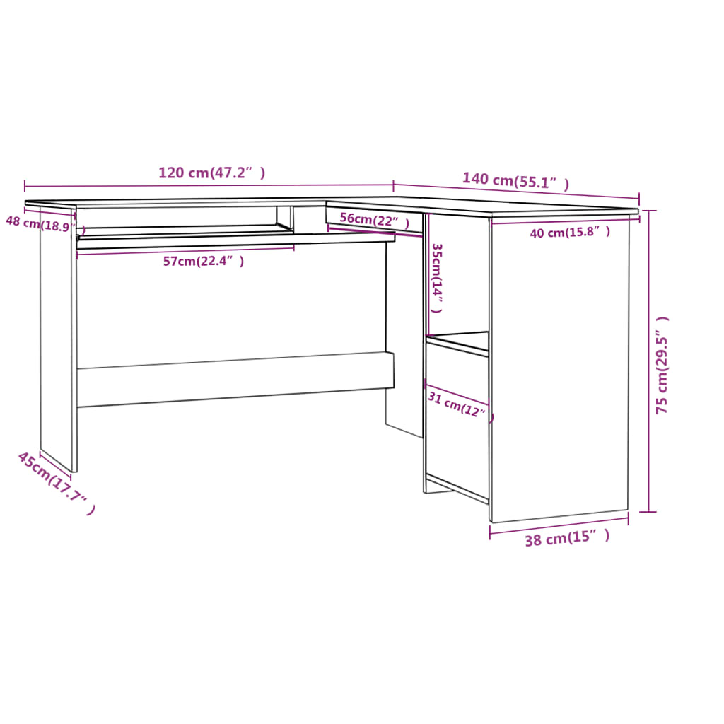 Eckschreibtisch in L-Form Weiß 120x140x75 cm Holzwerkstoff