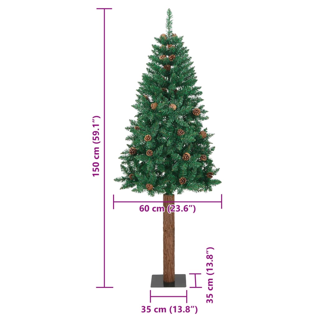 Weihnachtsbaum Schlank mit Echtholz und Zapfen Grün 150 cm PVC