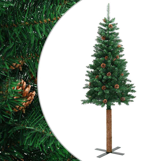 Weihnachtsbaum Schlank mit Echtholz und Zapfen Grün 210 cm PVC