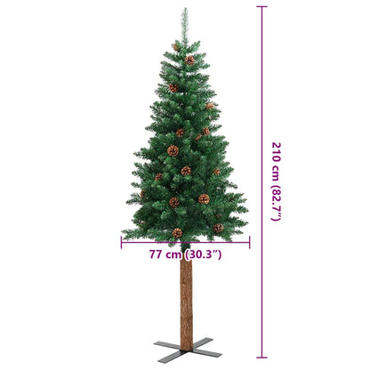 Weihnachtsbaum Schlank mit Echtholz und Zapfen Grün 210 cm PVC