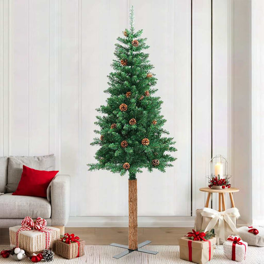 Weihnachtsbaum Schlank mit Echtholz und Zapfen Grün 210 cm PVC
