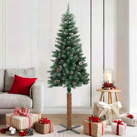Weihnachtsbaum Schlank mit Echtholz und Schnee Grün 180 cm