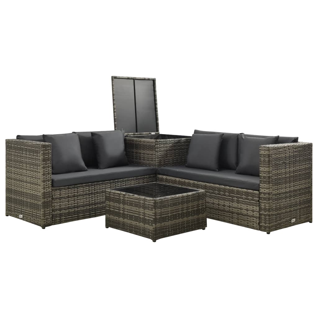 4-tlg. Garten-Lounge-Set mit Kissen Poly Rattan Grau