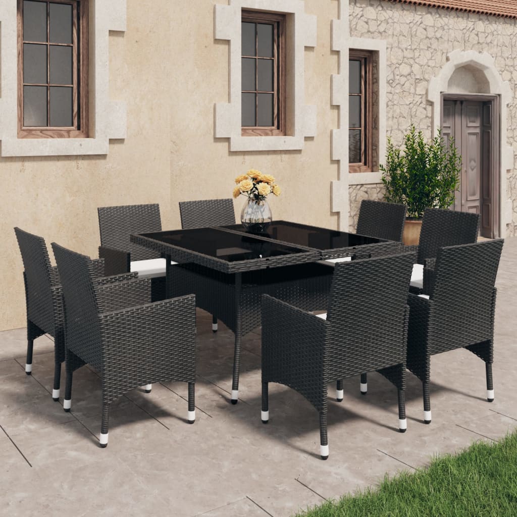 9-tlg. Garten-Essgruppe Poly Rattan und Glas Schwarz