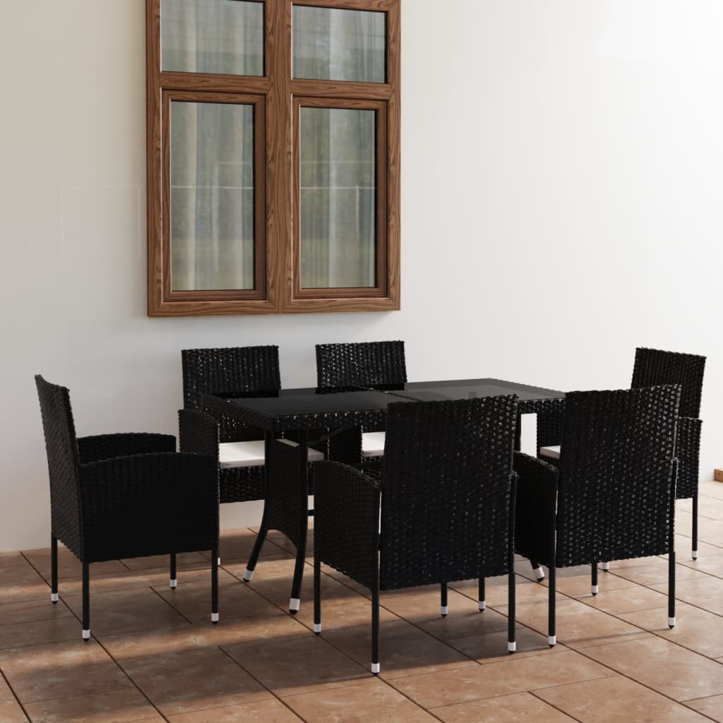 7-tlg. Garten-Essgruppe Poly Rattan Schwarz