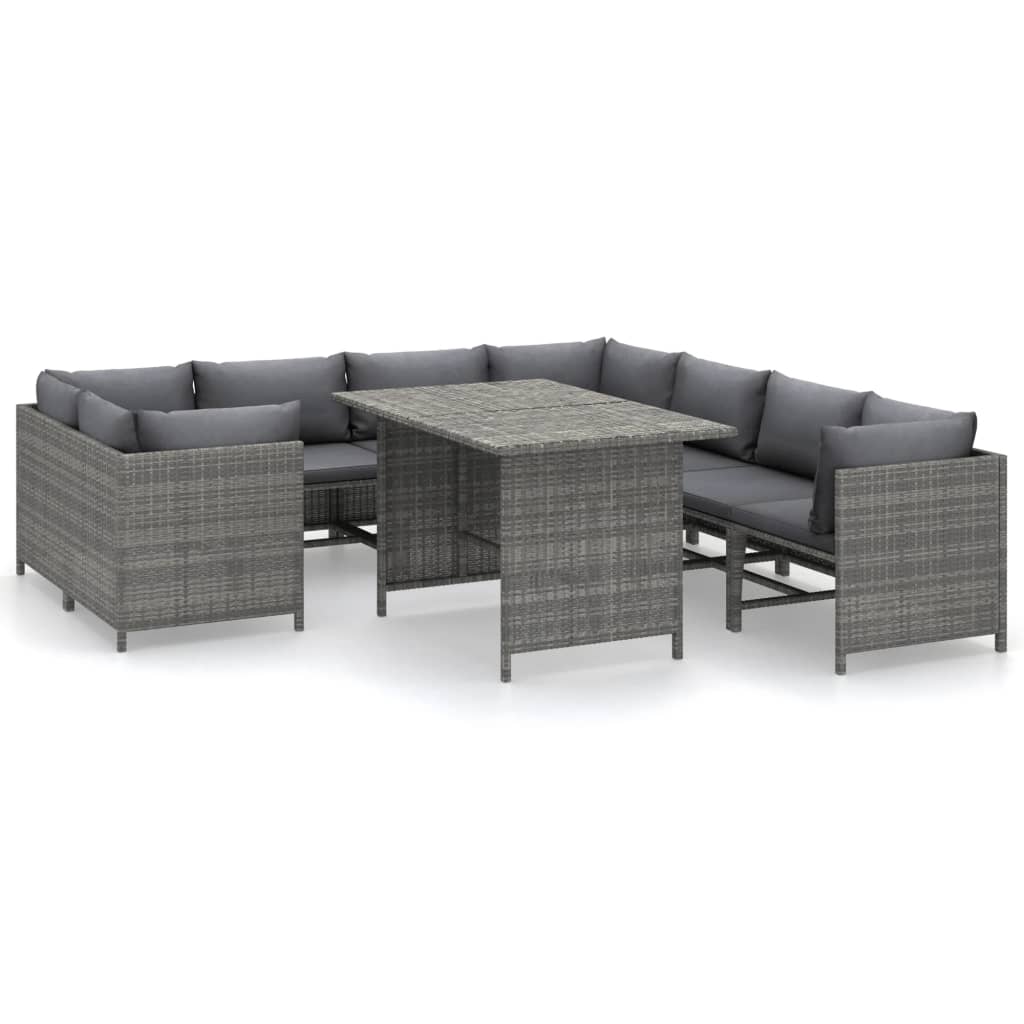 9-tlg. Garten-Lounge-Set mit Kissen Poly Rattan Grau