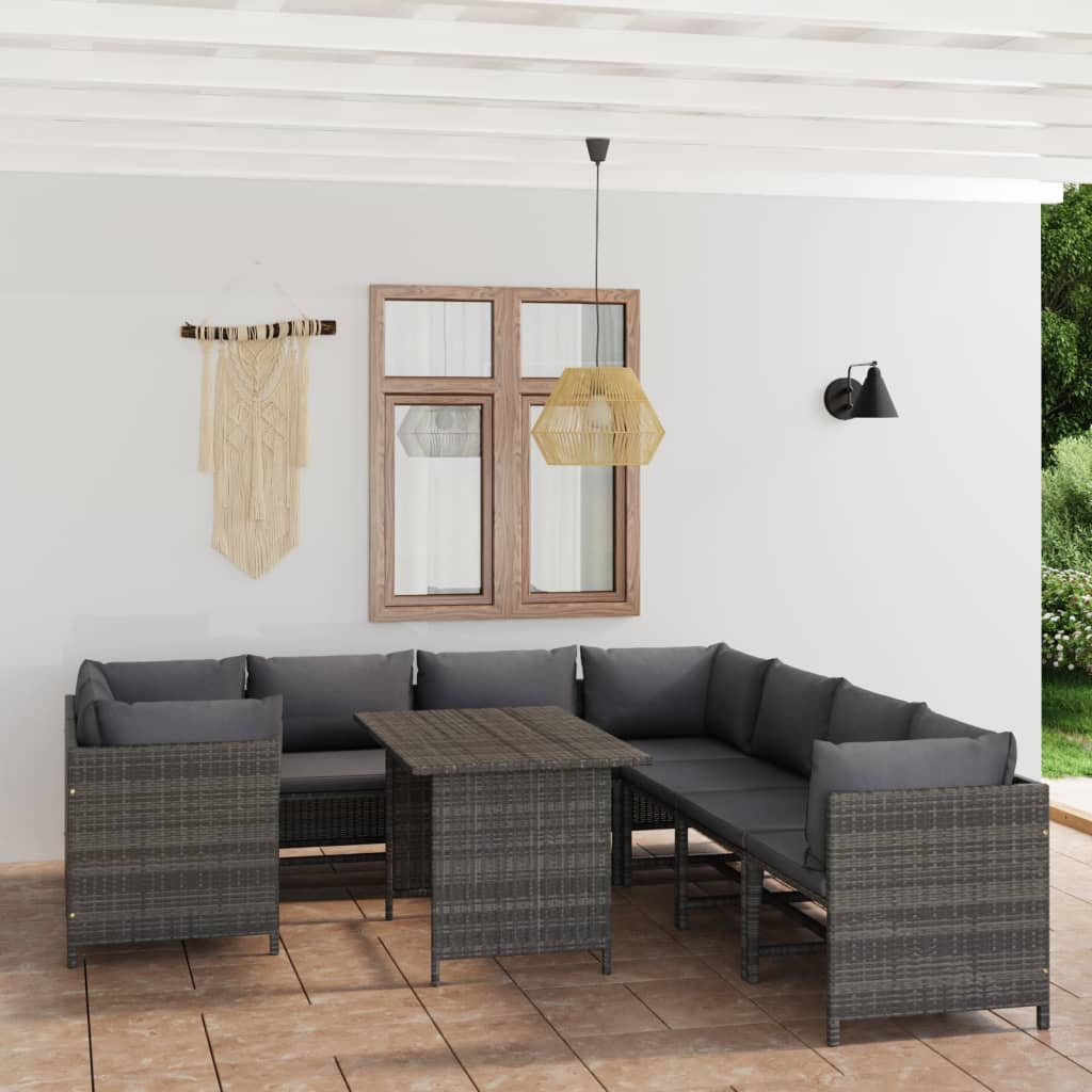 9-tlg. Garten-Lounge-Set mit Kissen Poly Rattan Grau