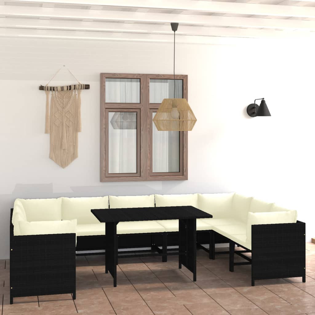 10-tlg. Garten-Lounge-Set mit Kissen Poly Rattan Schwarz